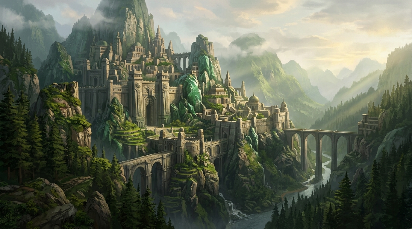 Monumental fortified stone and jade mountain citadel