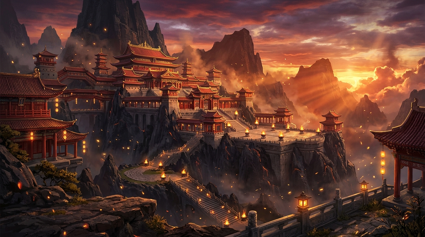 Crimson and gold imperial palace among volcanic cliffs at sunset