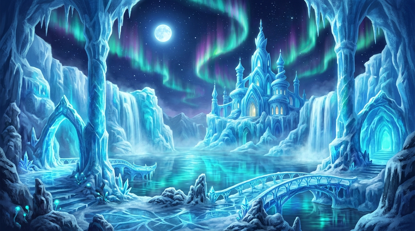 Moonlit polar ocean sanctuary with ice arches and waterfalls