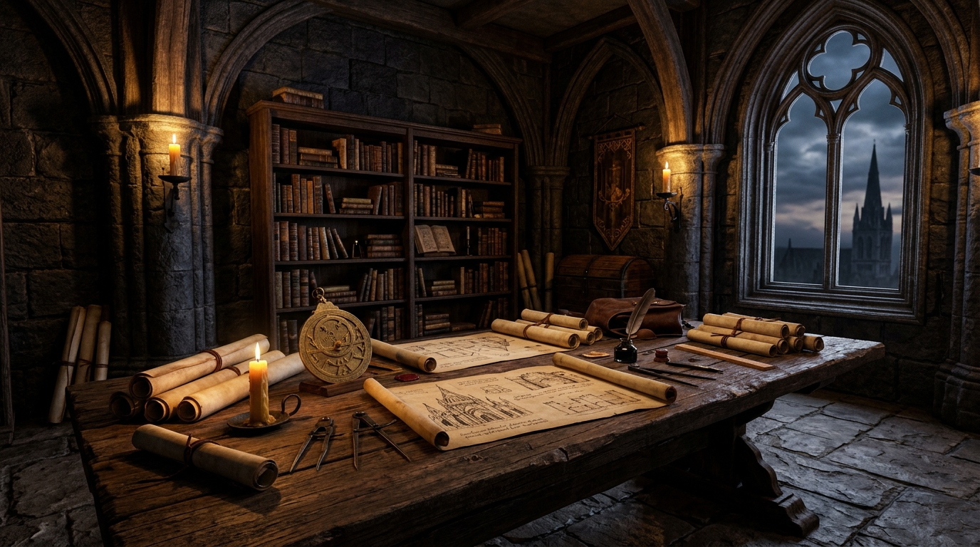 Ancient stone study illuminated by warm candlelight