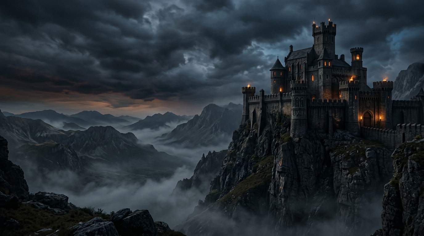 Monumental medieval fortress emerging through mountain fog at dusk