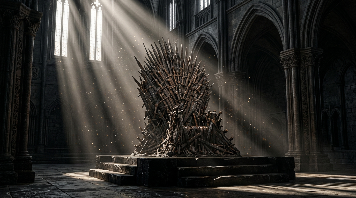 Imposing dark fantasy throne forged from weathered steel and ancient blades illuminated by shafts of golden light