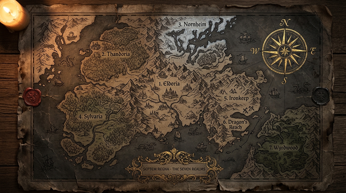 Original antique cartographic map of the Seven Kingdoms of Craft